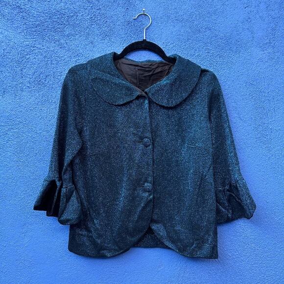Vintage 60s Blue Metallic 3/4 Sleeve Cropped Cocktail Jacket - Picture 1 of 4